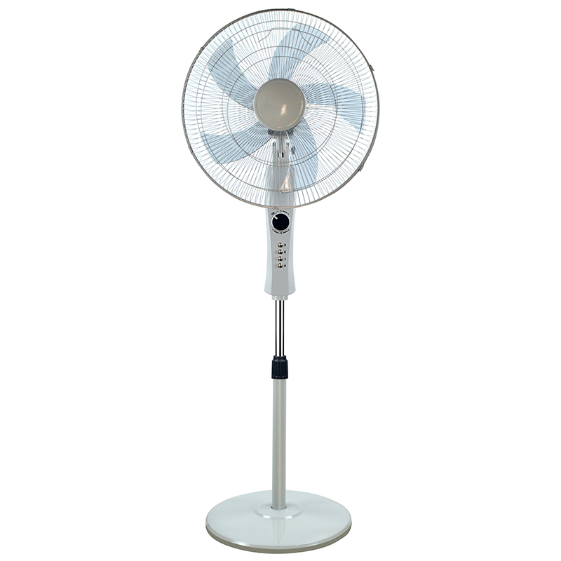 White pedestal stand fan with control panel