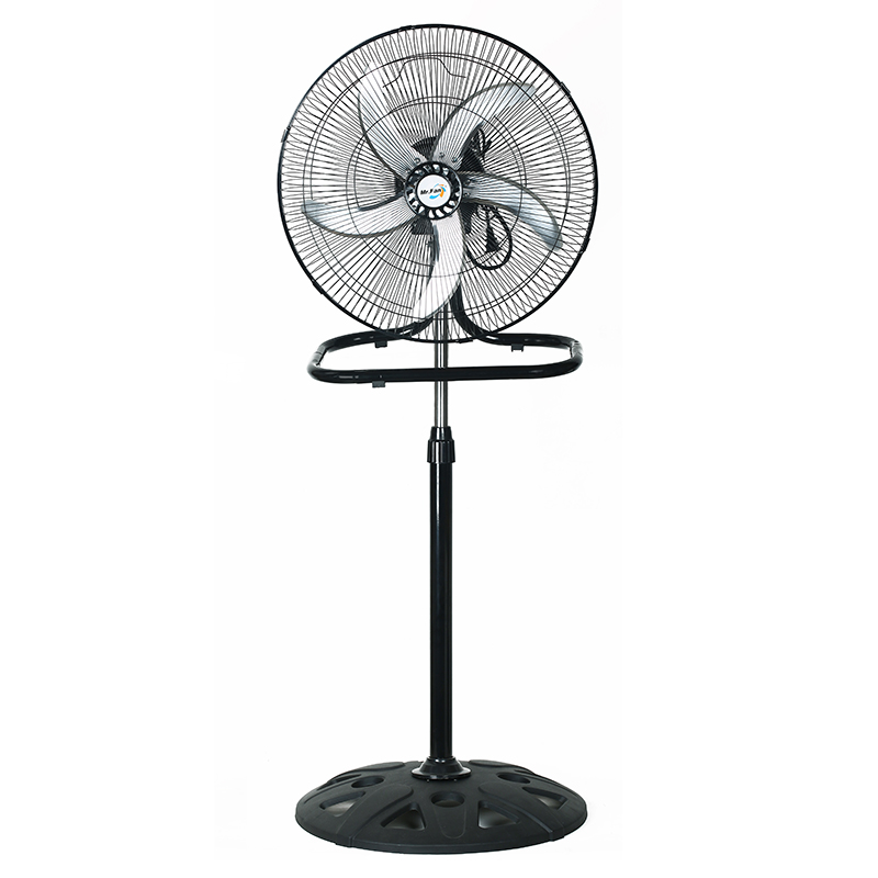 Black industrial pedestal fan with carry handle
