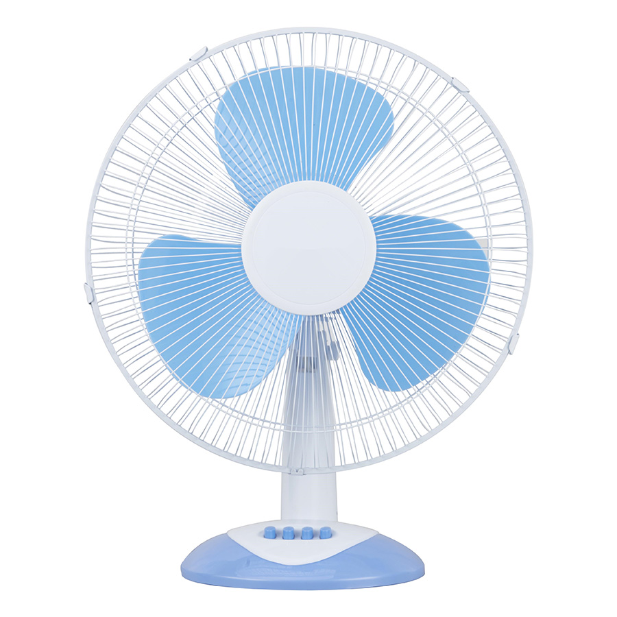 Blue and white desk fan