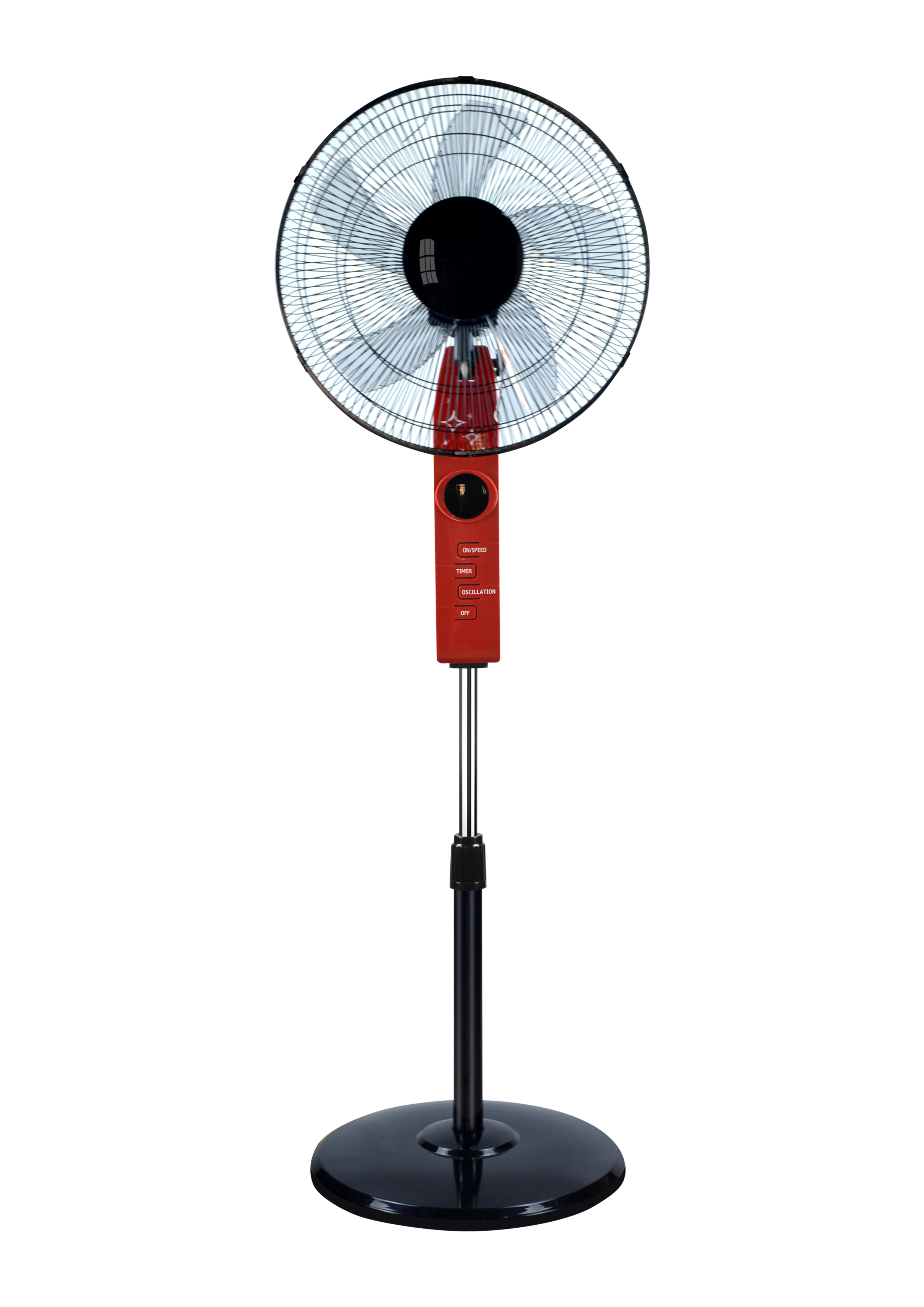 Red pedestal stand fan with remote control panel