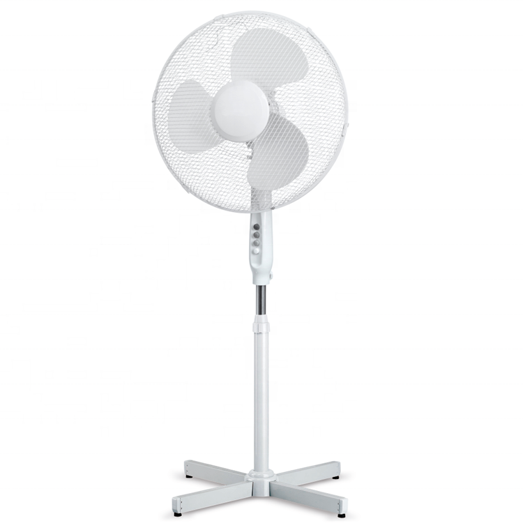 White pedestal stand fan with cross base