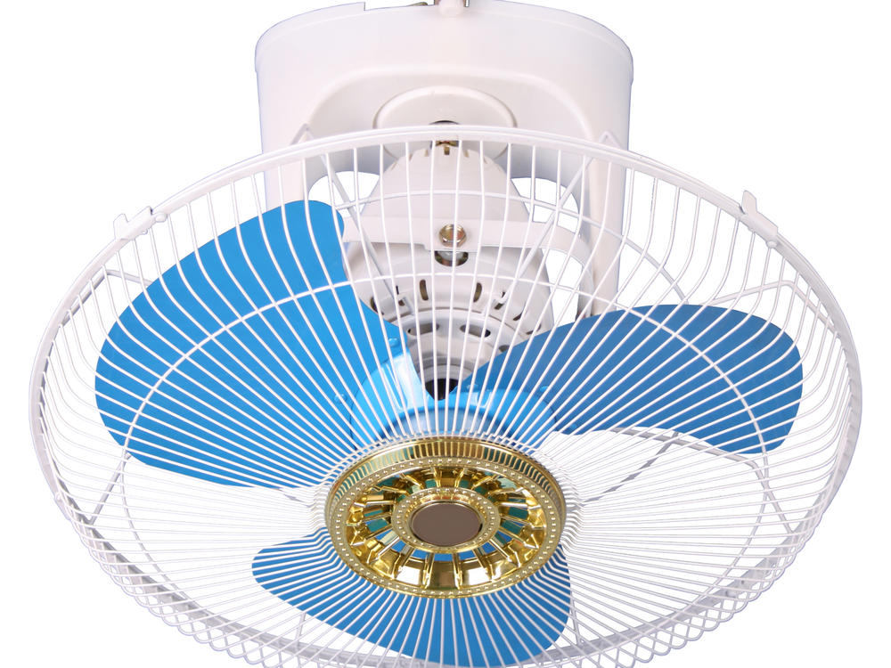 White and blue ceiling orbit fan